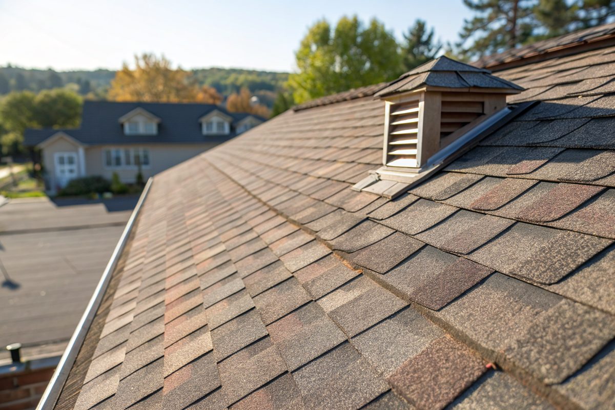 Close view of new architectural shingles and a roof vent in bright sun