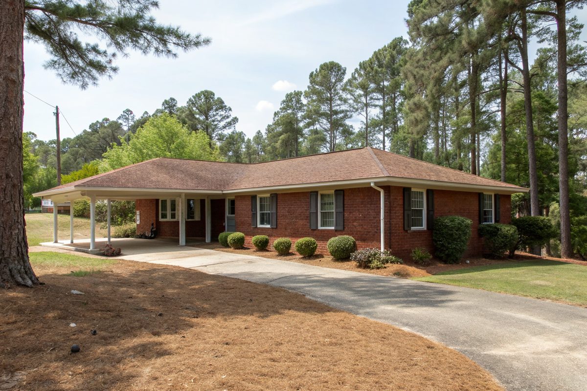 A single-story red brick ranch home with a brown shingle roof, carport and pine straw beds