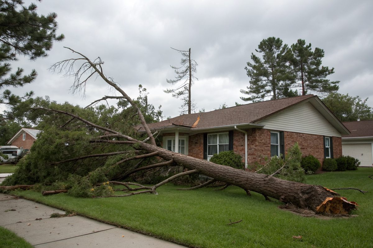 A large pine tree fallen across the yard of a brick ranch house after a storm