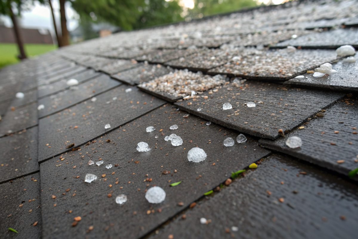 Small hailstones scattered on wet dark asphalt shingles after a storm