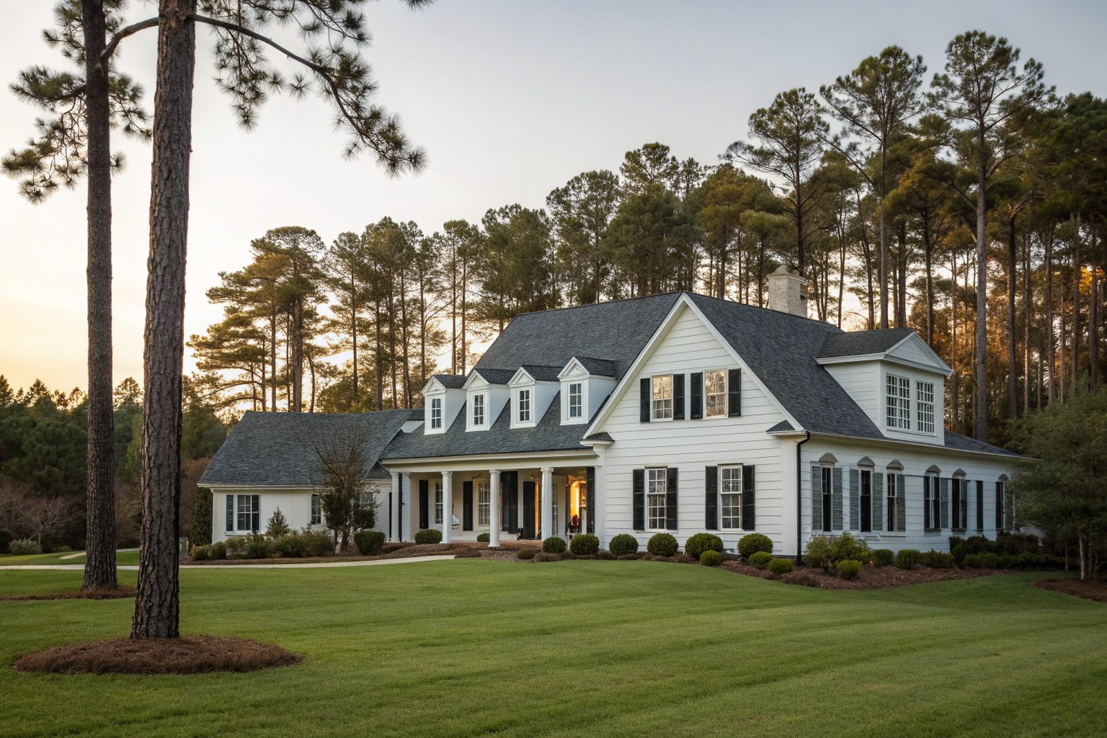 A two-story white colonial home with a dark gray shingle roof and tall pines behind