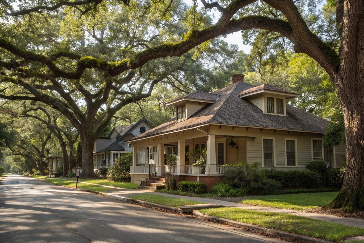 A craftsman bungalow with a deep front porch on an older street shaded by large oaks