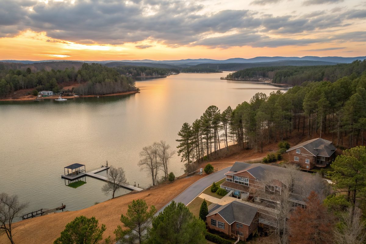 Lake houses with shingle roofs and boat docks on a wide lake ringed with pines