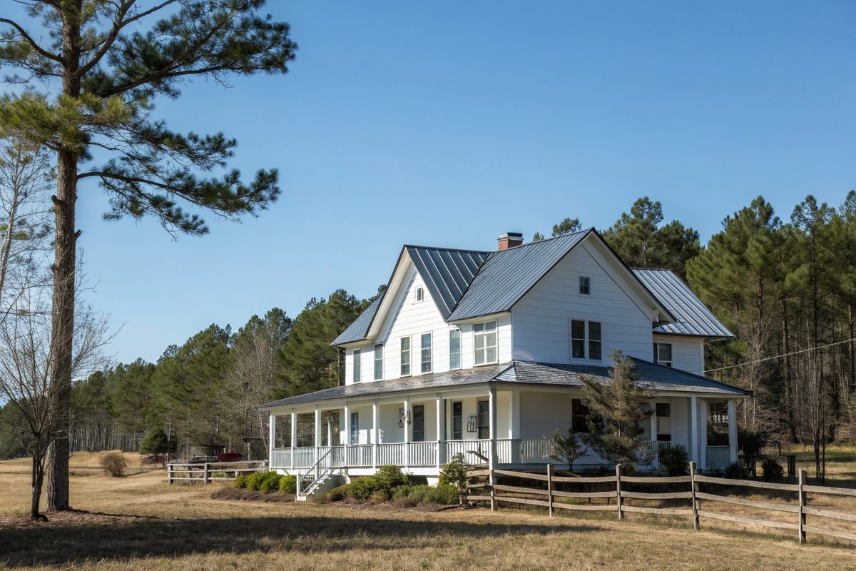 A white farmhouse with a charcoal standing-seam metal roof among pine trees