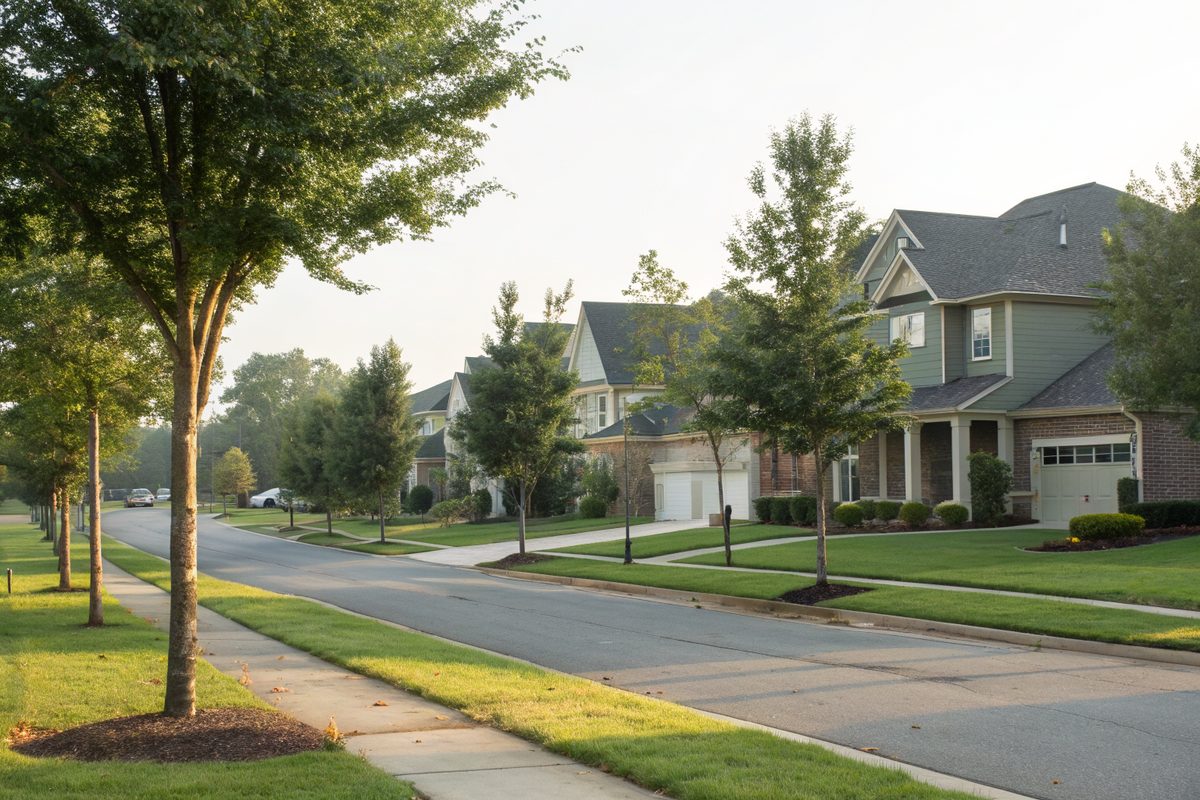 A quiet street of two-story homes with gray shingle roofs and young oak trees