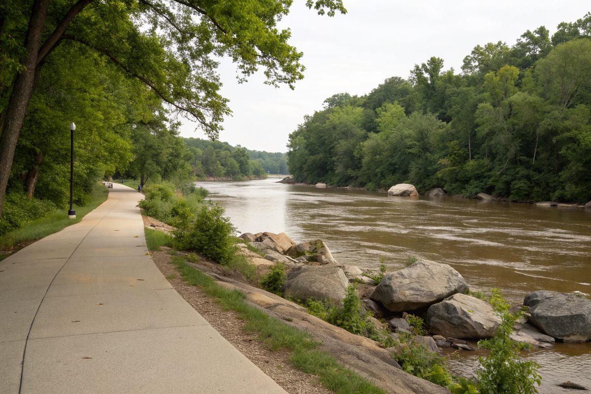 A paved riverside path beside a wide river with rocky shoals and green trees