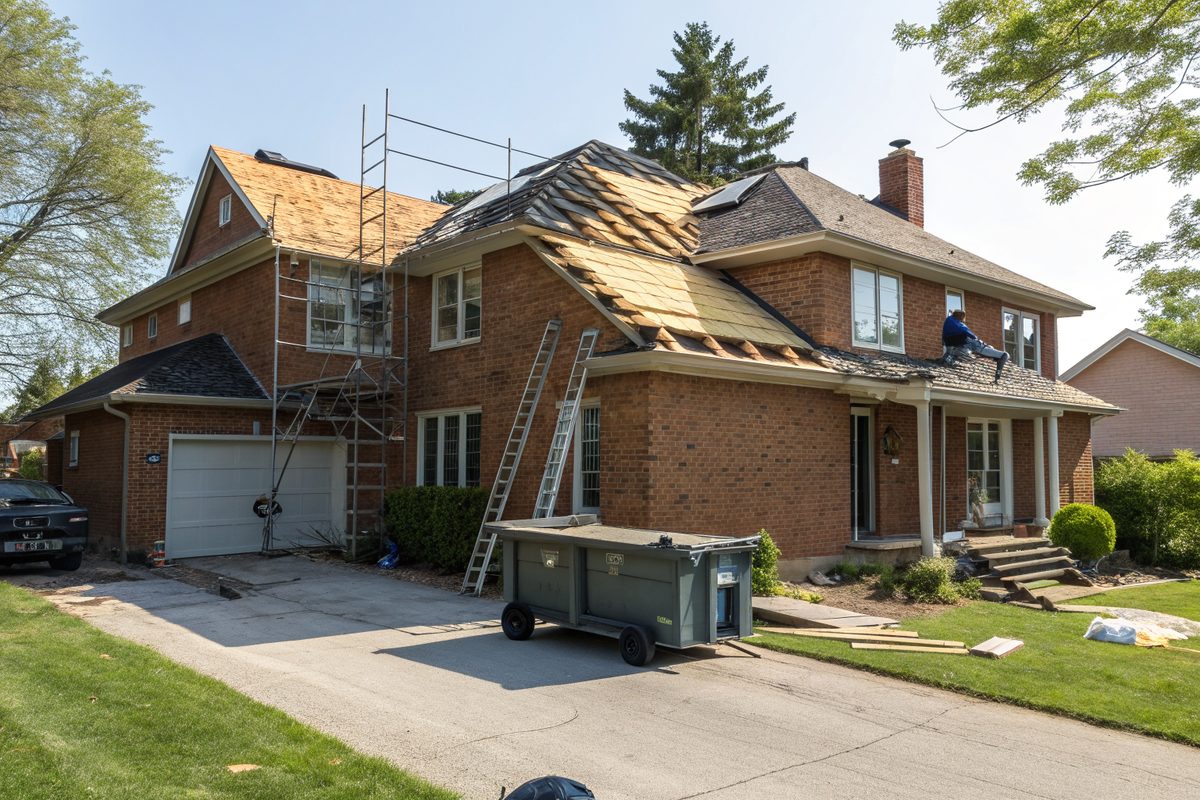 A two-story brick house mid-replacement with old shingles stripped to the decking