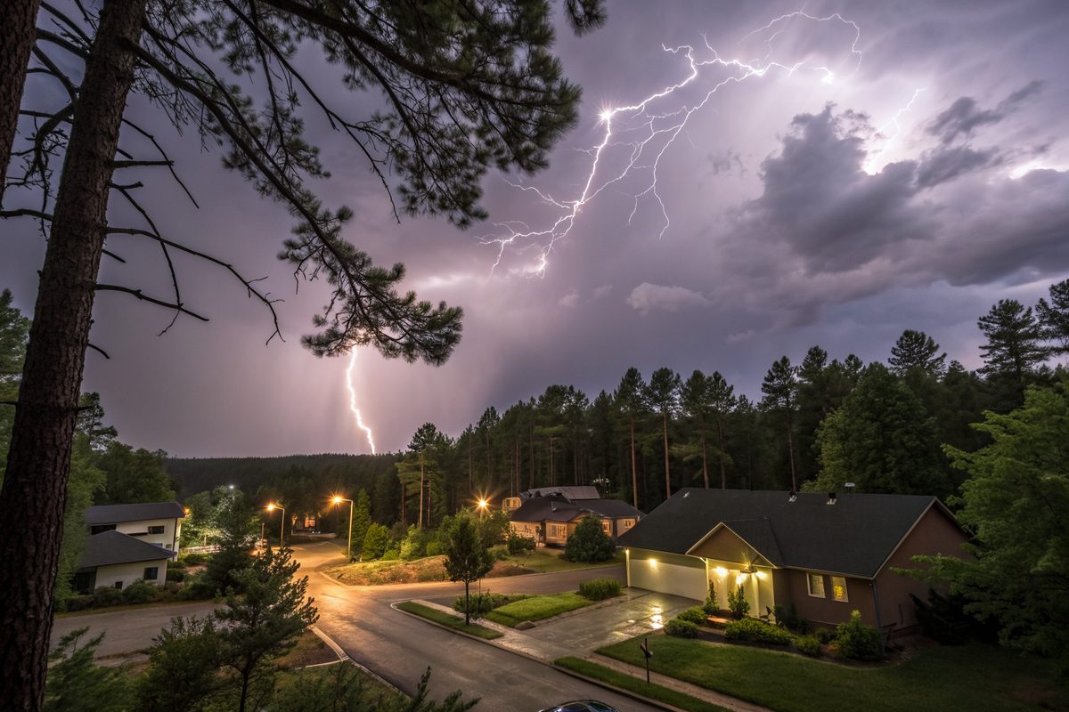 Lightning under dark storm clouds over a pine-wooded neighborhood at dusk