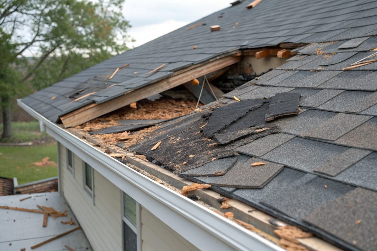 Torn and lifted shingles near the ridge of a house roof after a windstorm